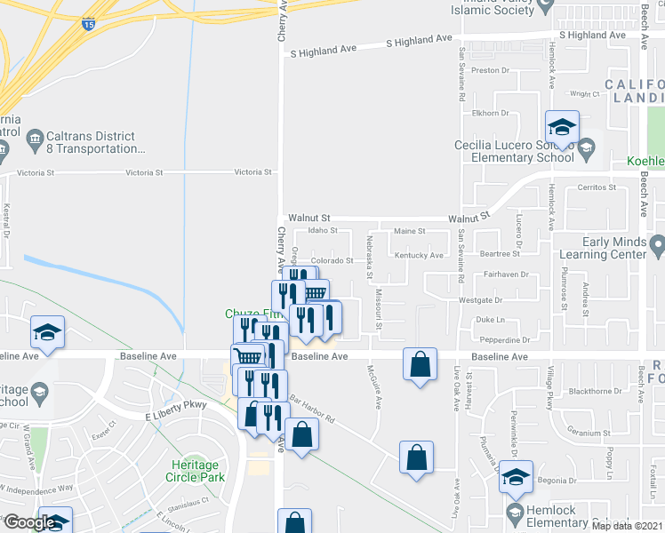 map of restaurants, bars, coffee shops, grocery stores, and more near 14615 Colorado Street in Fontana