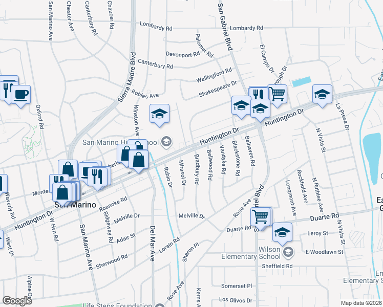 map of restaurants, bars, coffee shops, grocery stores, and more near 1355 Bradbury Road in San Marino