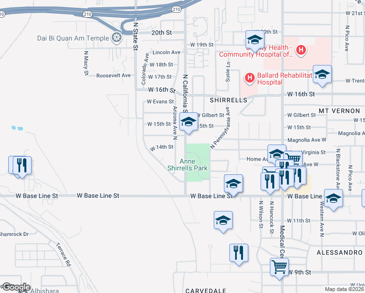 map of restaurants, bars, coffee shops, grocery stores, and more near 1404 North California Street in San Bernardino