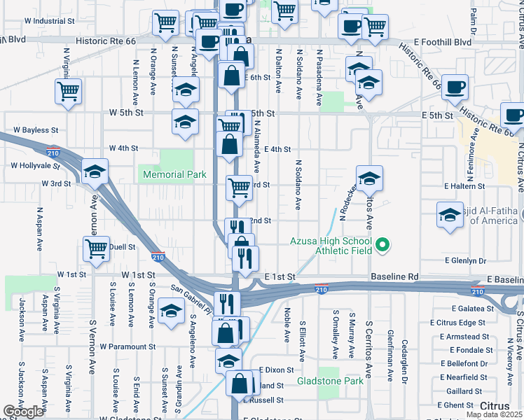map of restaurants, bars, coffee shops, grocery stores, and more near 214 North Alameda Avenue in Azusa