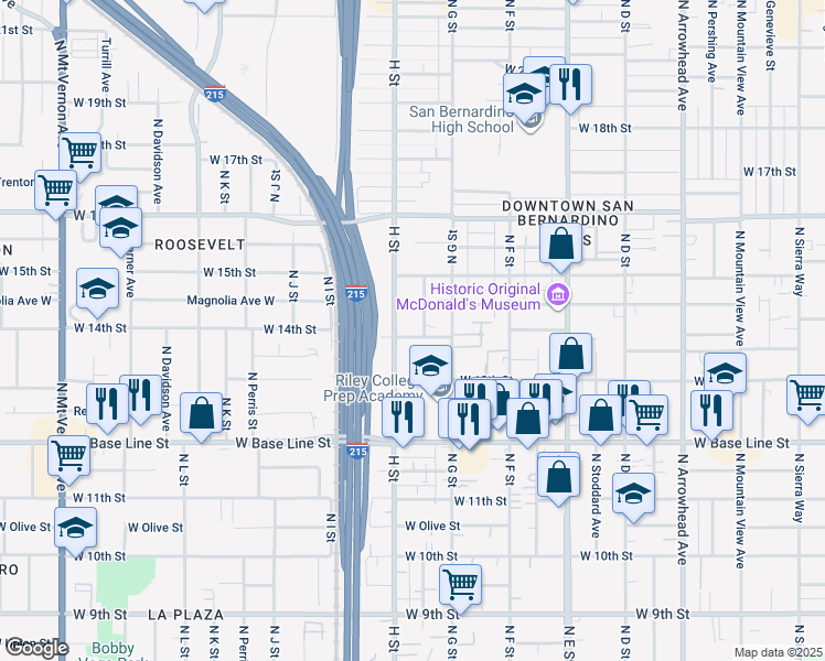 map of restaurants, bars, coffee shops, grocery stores, and more near 774 West Virginia Street in San Bernardino