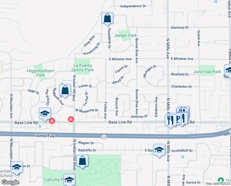 map of restaurants, bars, coffee shops, grocery stores, and more near 237 Ferris Street in Claremont