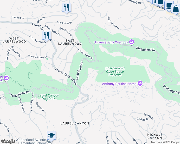 map of restaurants, bars, coffee shops, grocery stores, and more near 8027 Briar Summit Drive in Los Angeles