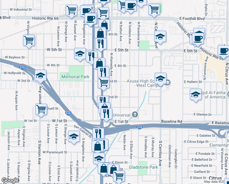 map of restaurants, bars, coffee shops, grocery stores, and more near 214 North Alameda Avenue in Azusa