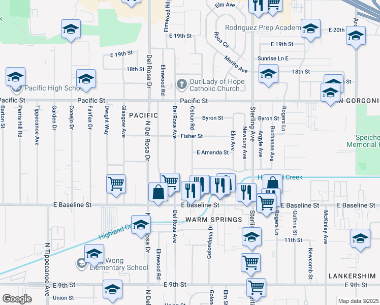 map of restaurants, bars, coffee shops, grocery stores, and more near 7098 Osbun Road in San Bernardino