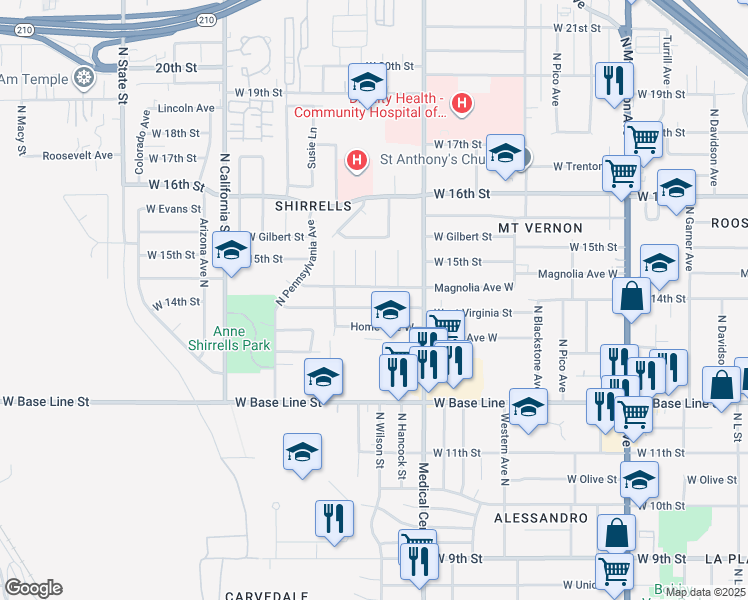 map of restaurants, bars, coffee shops, grocery stores, and more near 1704 West Virginia Street in San Bernardino