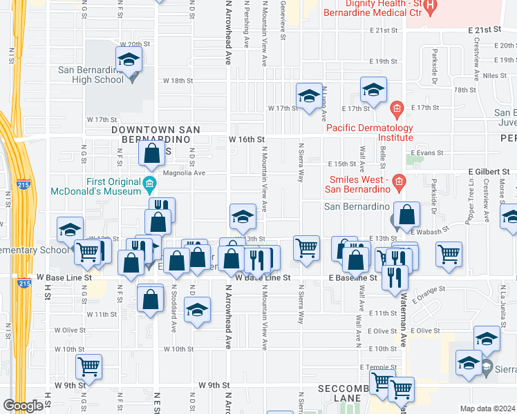 map of restaurants, bars, coffee shops, grocery stores, and more near 1366 North Mountain View Avenue in San Bernardino