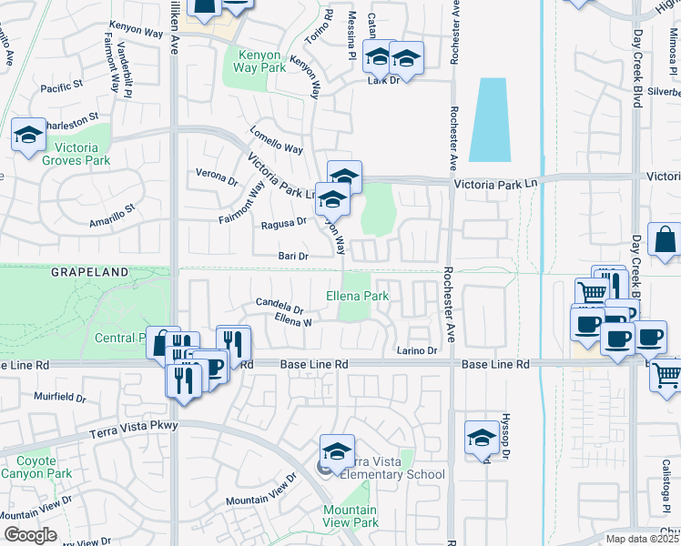 map of restaurants, bars, coffee shops, grocery stores, and more near 7102 Kenyon Way in Rancho Cucamonga