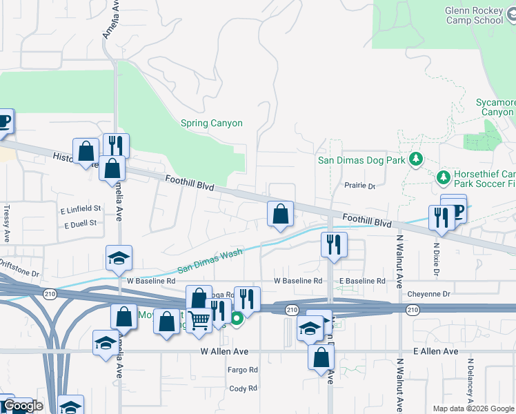map of restaurants, bars, coffee shops, grocery stores, and more near 1298 Tarryglen Lane in San Dimas