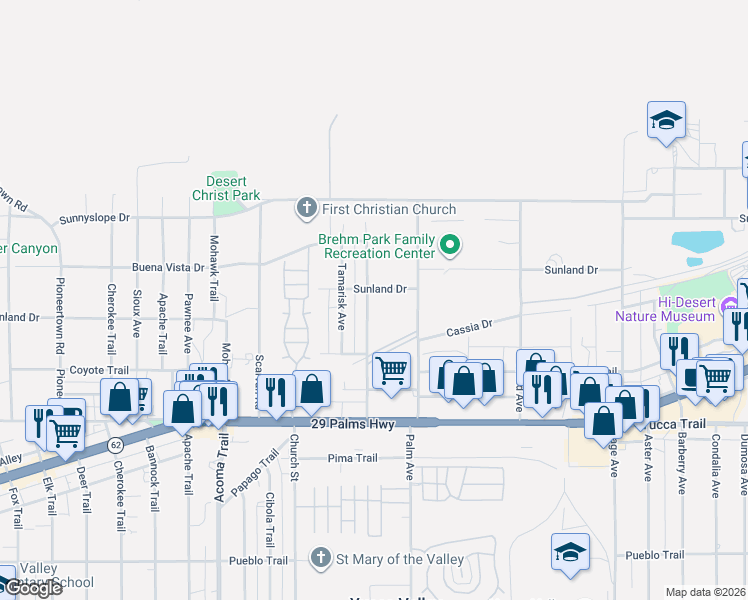 map of restaurants, bars, coffee shops, grocery stores, and more near 56425 Sunland Drive in Yucca Valley