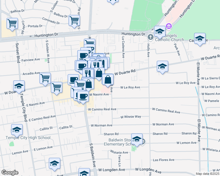 map of restaurants, bars, coffee shops, grocery stores, and more near 622 West Le Roy Avenue in Arcadia