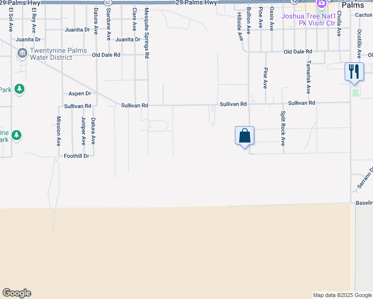map of restaurants, bars, coffee shops, grocery stores, and more near 7077 Elm Drive in Twentynine Palms