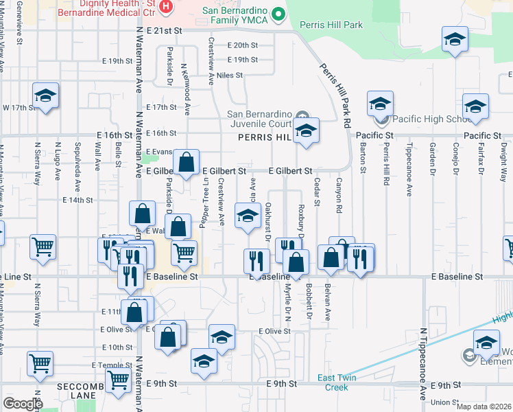 map of restaurants, bars, coffee shops, grocery stores, and more near 1401 Valencia Avenue in San Bernardino