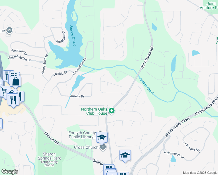map of restaurants, bars, coffee shops, grocery stores, and more near 2915 Marthas Court in Cumming