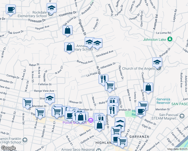 map of restaurants, bars, coffee shops, grocery stores, and more near 6072 La Prada in Los Angeles