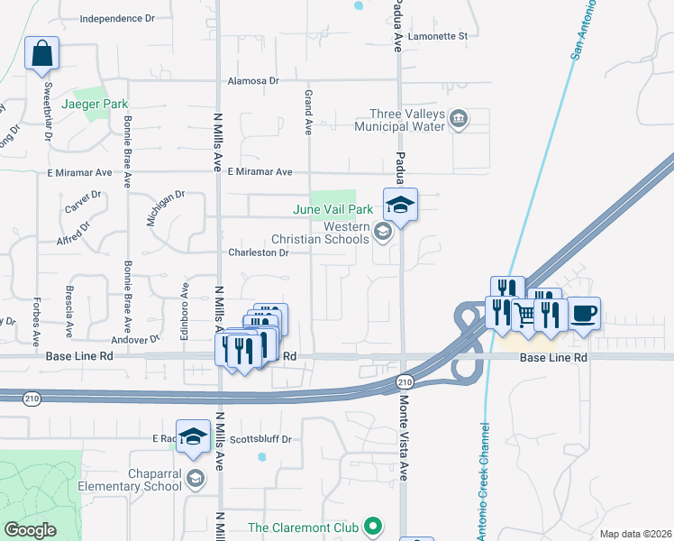 map of restaurants, bars, coffee shops, grocery stores, and more near 795 Marlboro Court in Claremont
