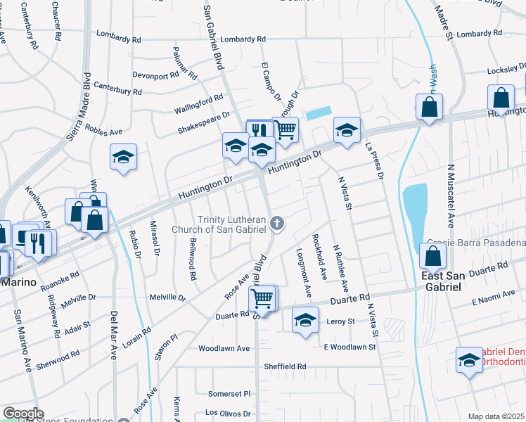 map of restaurants, bars, coffee shops, grocery stores, and more near 1315 South San Gabriel Boulevard in San Marino
