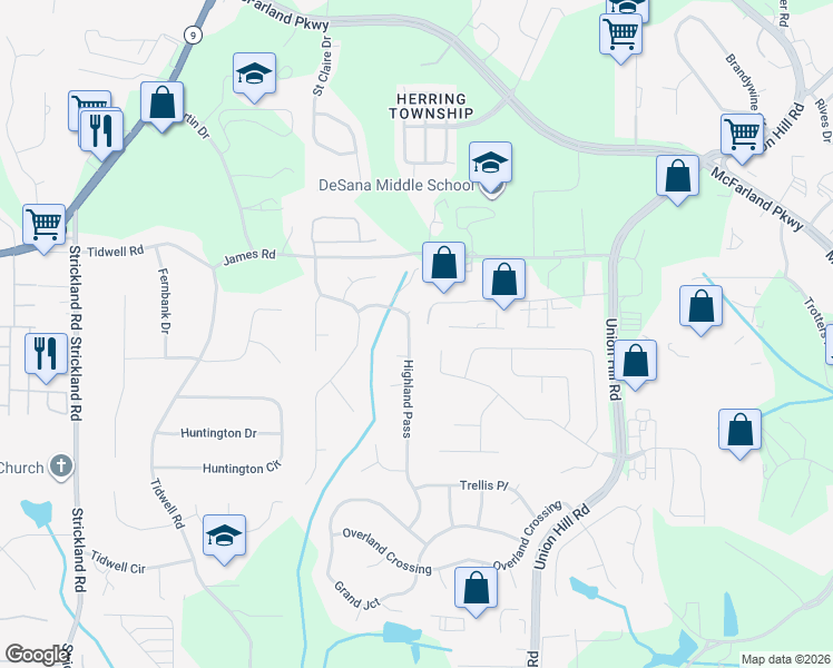 map of restaurants, bars, coffee shops, grocery stores, and more near 2940 Highland Pass in Alpharetta