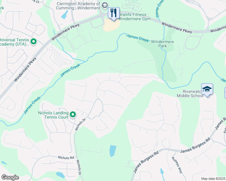 map of restaurants, bars, coffee shops, grocery stores, and more near 965 Pebble Creek Trail in Suwanee