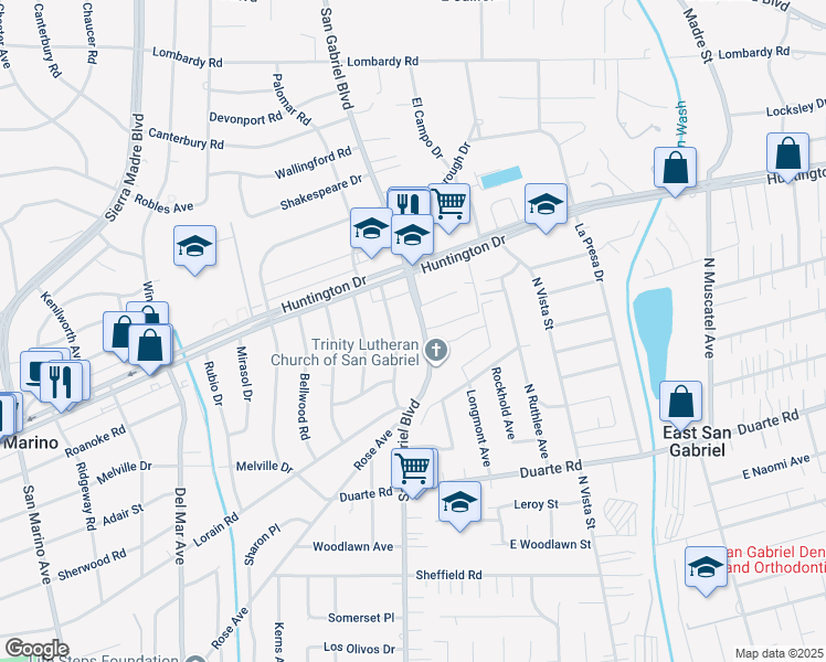 map of restaurants, bars, coffee shops, grocery stores, and more near 1315 South San Gabriel Boulevard in San Marino