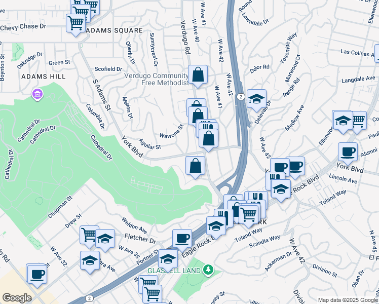 map of restaurants, bars, coffee shops, grocery stores, and more near 3907 York Boulevard in Los Angeles