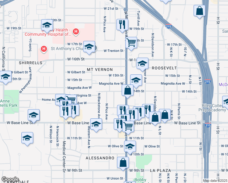 map of restaurants, bars, coffee shops, grocery stores, and more near 577 Herrington Avenue North in San Bernardino