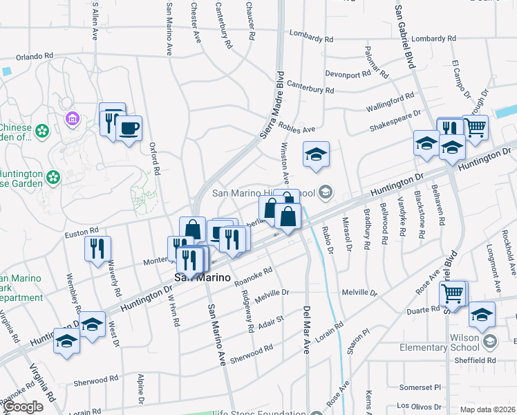 map of restaurants, bars, coffee shops, grocery stores, and more near 2460 Coniston Place in San Marino