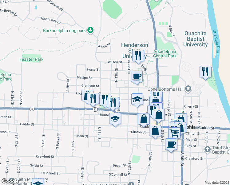 map of restaurants, bars, coffee shops, grocery stores, and more near 1310 Logan St in Arkadelphia