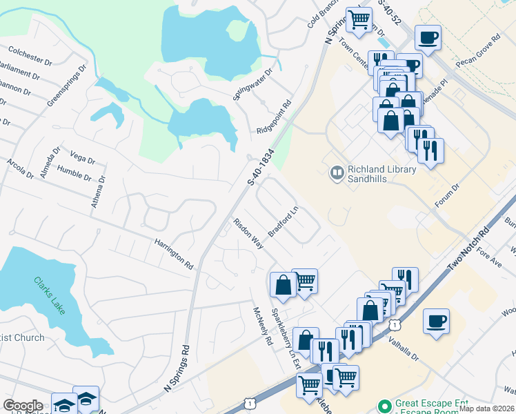 map of restaurants, bars, coffee shops, grocery stores, and more near 116 North Trace Lane in Columbia