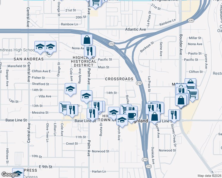 map of restaurants, bars, coffee shops, grocery stores, and more near 27457 Stratford Street in Highland