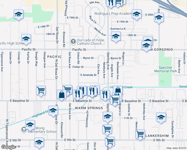 map of restaurants, bars, coffee shops, grocery stores, and more near 25596 East Amanda Street in San Bernardino