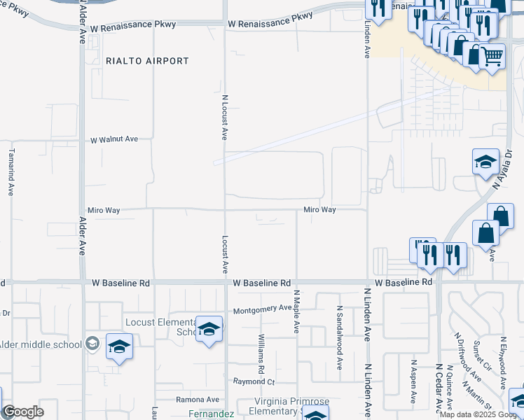 map of restaurants, bars, coffee shops, grocery stores, and more near 1750 Miro Way in Rialto
