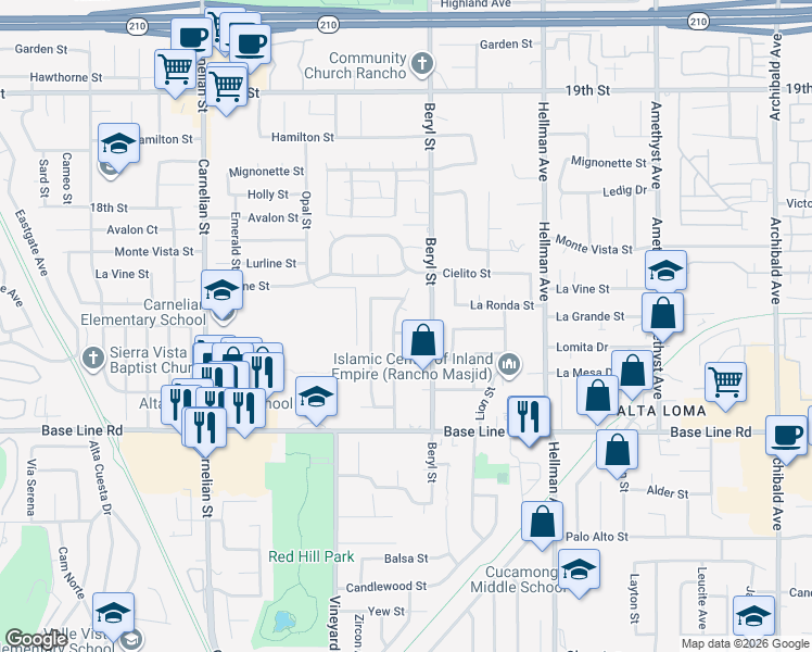 map of restaurants, bars, coffee shops, grocery stores, and more near 7106 Beryl Street in Rancho Cucamonga