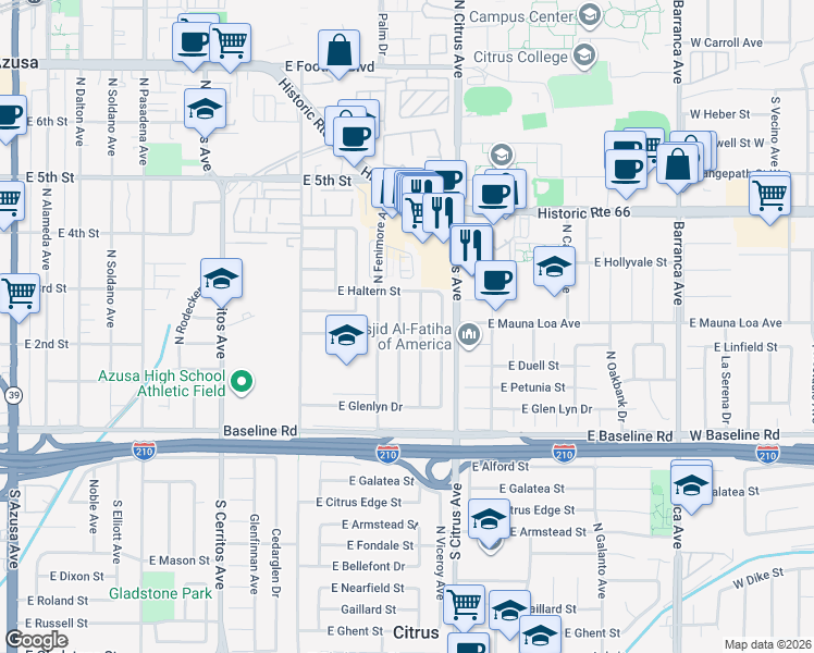 map of restaurants, bars, coffee shops, grocery stores, and more near 207 North Calvados Avenue in Azusa