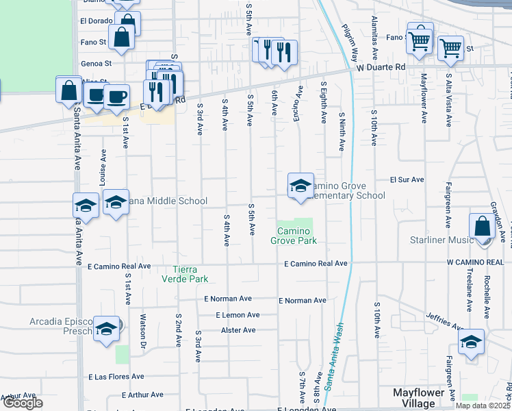 map of restaurants, bars, coffee shops, grocery stores, and more near 1320 Fifth Avenue in Arcadia