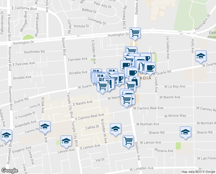 map of restaurants, bars, coffee shops, grocery stores, and more near 846 West Duarte Road in Arcadia