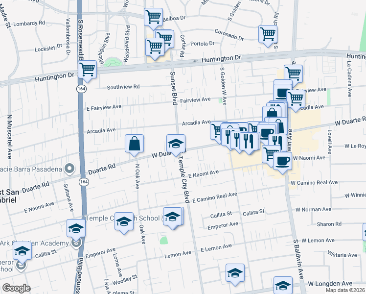 map of restaurants, bars, coffee shops, grocery stores, and more near 1031 West Duarte Road in Arcadia