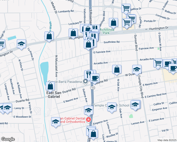 map of restaurants, bars, coffee shops, grocery stores, and more near 8929 East Greenwood Avenue in San Gabriel