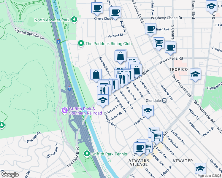 map of restaurants, bars, coffee shops, grocery stores, and more near 4026 Edenhurst Avenue in Los Angeles