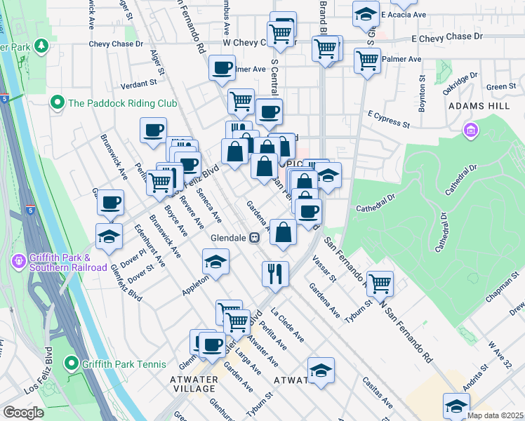 map of restaurants, bars, coffee shops, grocery stores, and more near 336 El Bonito Avenue in Glendale
