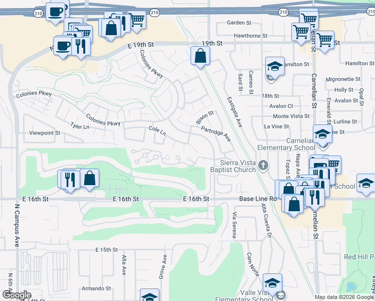 map of restaurants, bars, coffee shops, grocery stores, and more near 1696 Blake Way in Upland