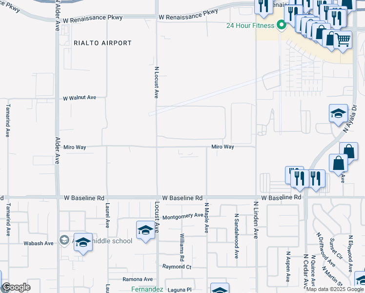 map of restaurants, bars, coffee shops, grocery stores, and more near 1960 Miro Way in Rialto
