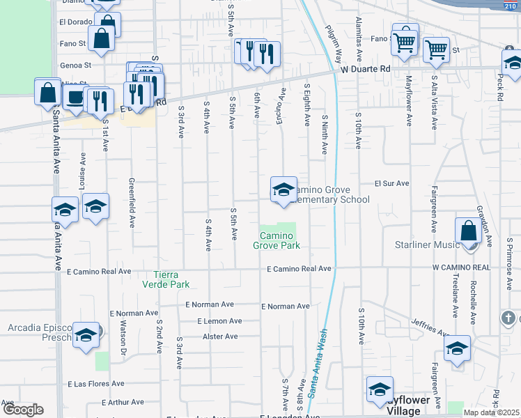 map of restaurants, bars, coffee shops, grocery stores, and more near 1321 6th Avenue in Arcadia