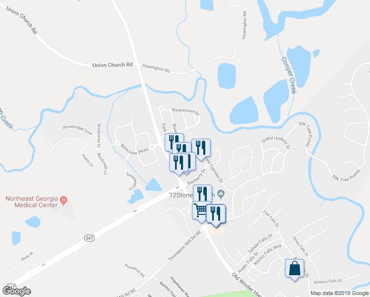 map of restaurants, bars, coffee shops, grocery stores, and more near 6022 Riverwood Drive in Braselton