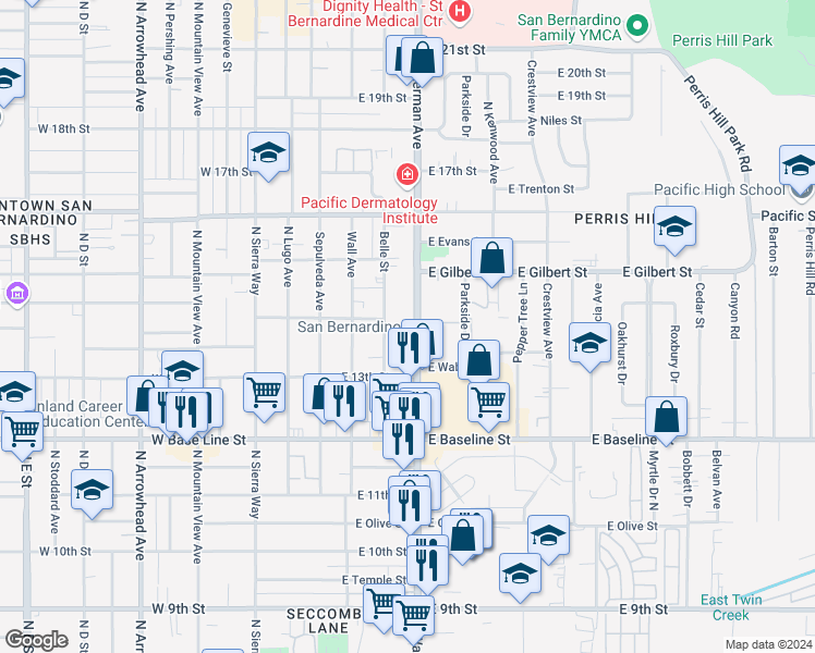 map of restaurants, bars, coffee shops, grocery stores, and more near 1376 North Waterman Avenue in San Bernardino
