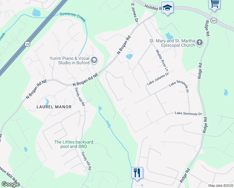map of restaurants, bars, coffee shops, grocery stores, and more near 4471 Bogan Gates Trail in Buford