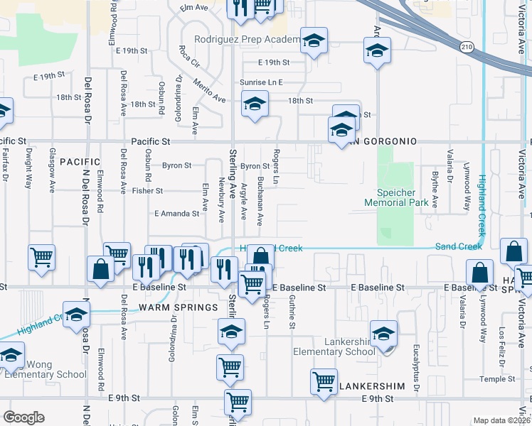 map of restaurants, bars, coffee shops, grocery stores, and more near 7093 Buchanan Avenue in San Bernardino