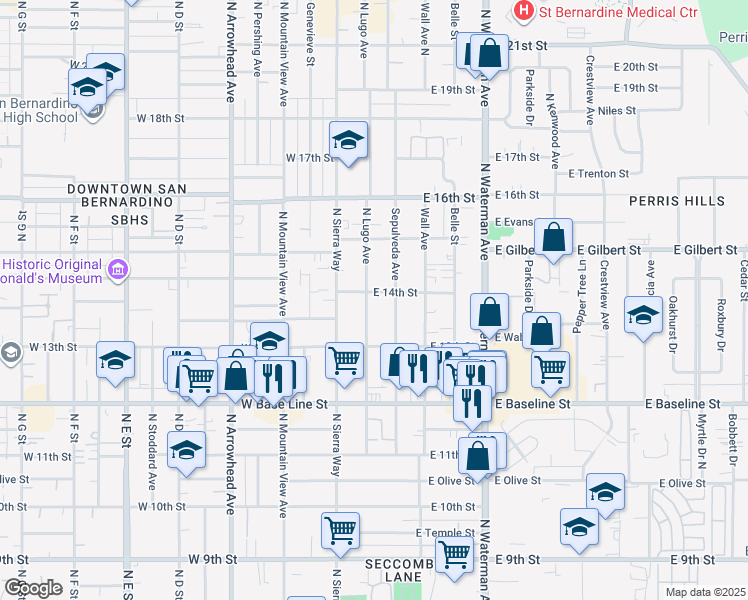 map of restaurants, bars, coffee shops, grocery stores, and more near 1387 North Lugo Avenue in San Bernardino