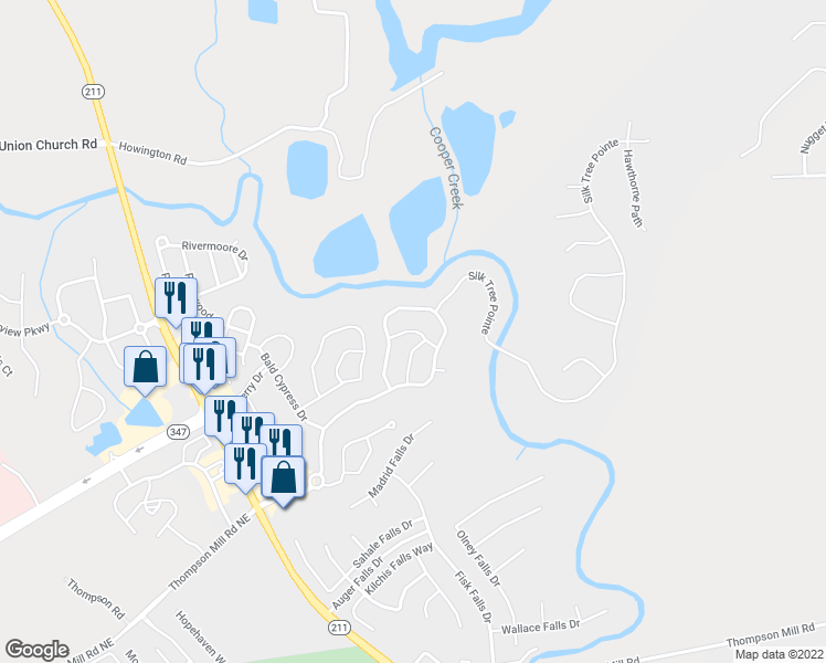 map of restaurants, bars, coffee shops, grocery stores, and more near White Spruce Avenue in Braselton