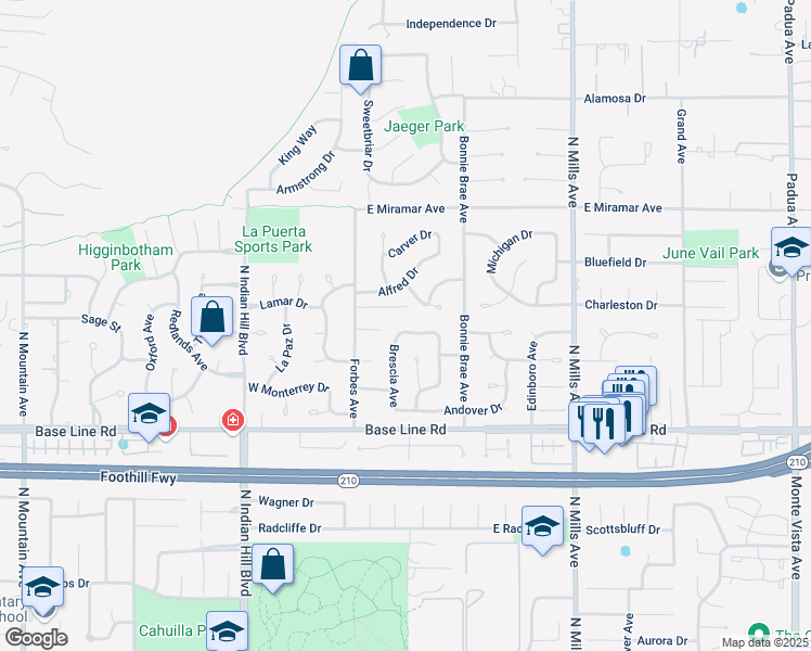 map of restaurants, bars, coffee shops, grocery stores, and more near 237 Ferris Street in Claremont